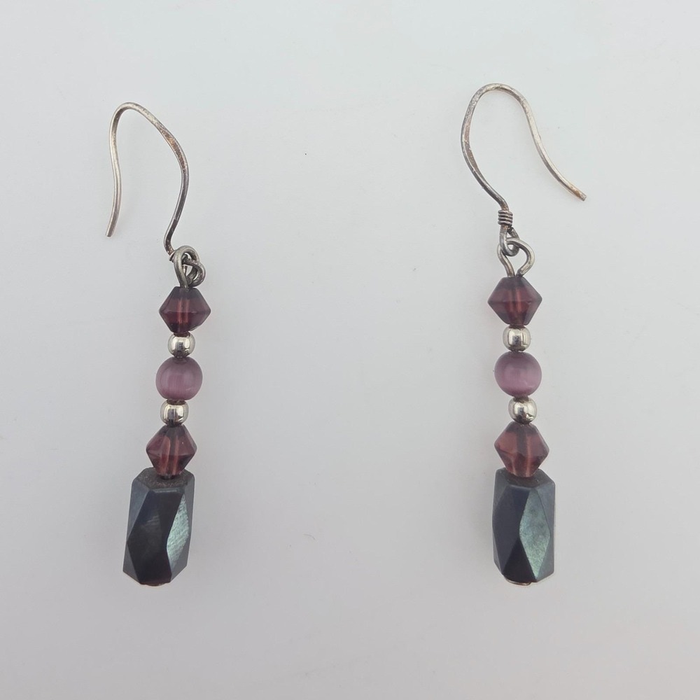 Magnet Hematite Earrings Beads Plum Crystals Dangle Drop 925 Sterling Silver